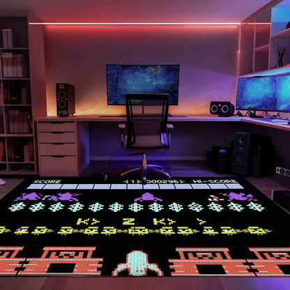 Dark and Neon 80s Arcade Area Rug adorned with Space Invaders: Add Some Retro Flair to Your Living Space, Arcade Decor, Gift for Gamers, Video Game Lovers G153