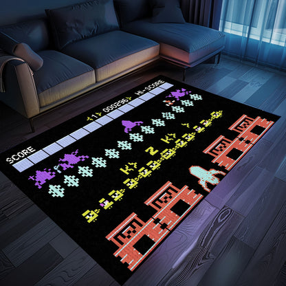 Dark and Neon 80s Arcade Area Rug adorned with Space Invaders: Add Some Retro Flair to Your Living Space, Arcade Decor, Gift for Gamers, Video Game Lovers G153