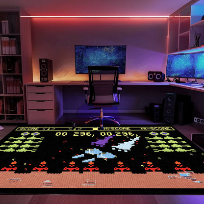 Dark and Neon 80s Arcade Area Rug featuring Space Invaders: Ideal for Retro Gamers and Collectors, Arcade Decor, Gift for Gamers, Video Game Lovers G152