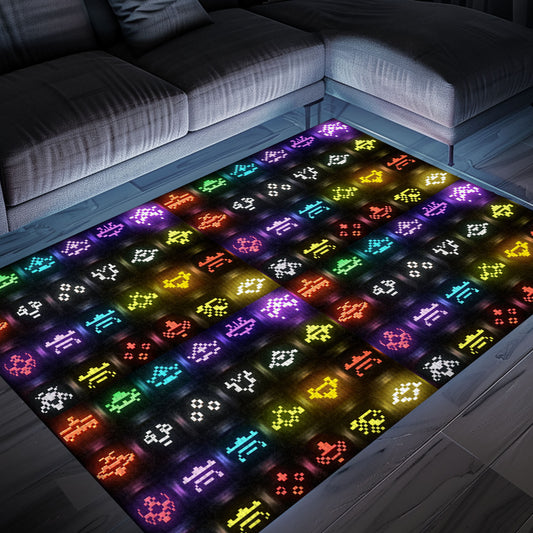 Dark and Neon 80s Arcade Area Rug adorned with Space Invaders: Bring the Arcade Experience Home with Style, Arcade Decor, Gift for Gamers, Video Game Lovers G151