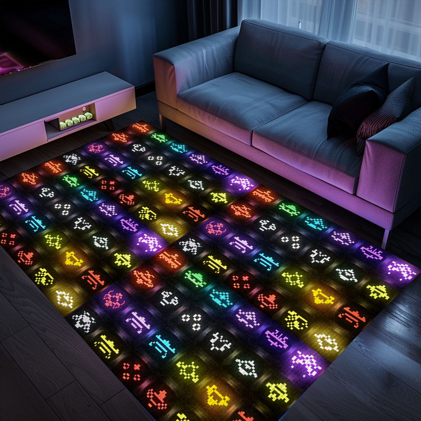 Dark and Neon 80s Arcade Area Rug adorned with Space Invaders: Bring the Arcade Experience Home with Style, Arcade Decor, Gift for Gamers, Video Game Lovers G151