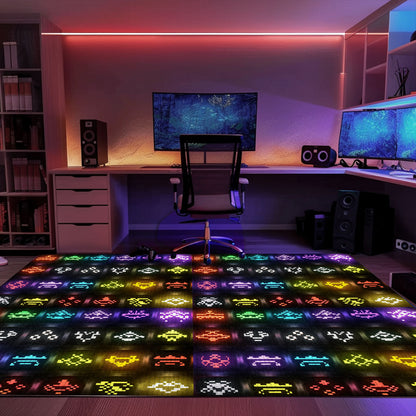 Dark and Neon 80s Arcade Area Rug adorned with Space Invaders: Bring the Arcade Experience Home with Style, Arcade Decor, Gift for Gamers, Video Game Lovers G151