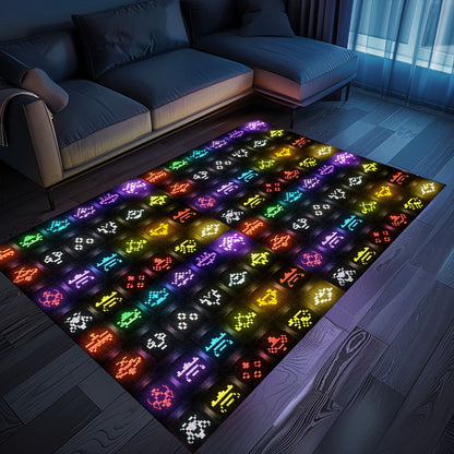 Dark and Neon 80s Arcade Area Rug adorned with Space Invaders: Bring the Arcade Experience Home with Style, Arcade Decor, Gift for Gamers, Video Game Lovers G151