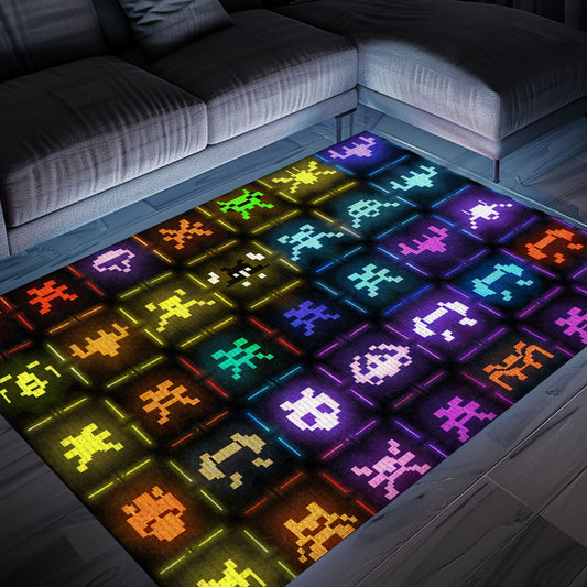 Dark and Neon 80s Arcade Carpet featuring Space Invaders: Perfect for Adding a Touch of Gaming to Your Decor, Arcade Decor, Gift for Gamers, Video Game Lovers G150