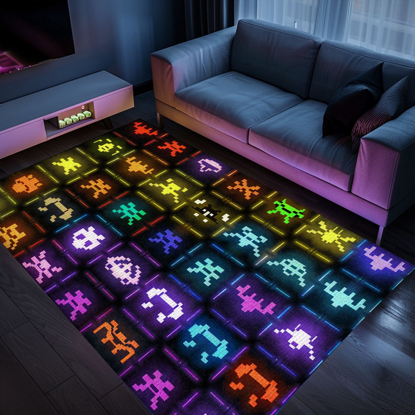 Dark and Neon 80s Arcade Carpet featuring Space Invaders: Perfect for Adding a Touch of Gaming to Your Decor, Arcade Decor, Gift for Gamers, Video Game Lovers G150