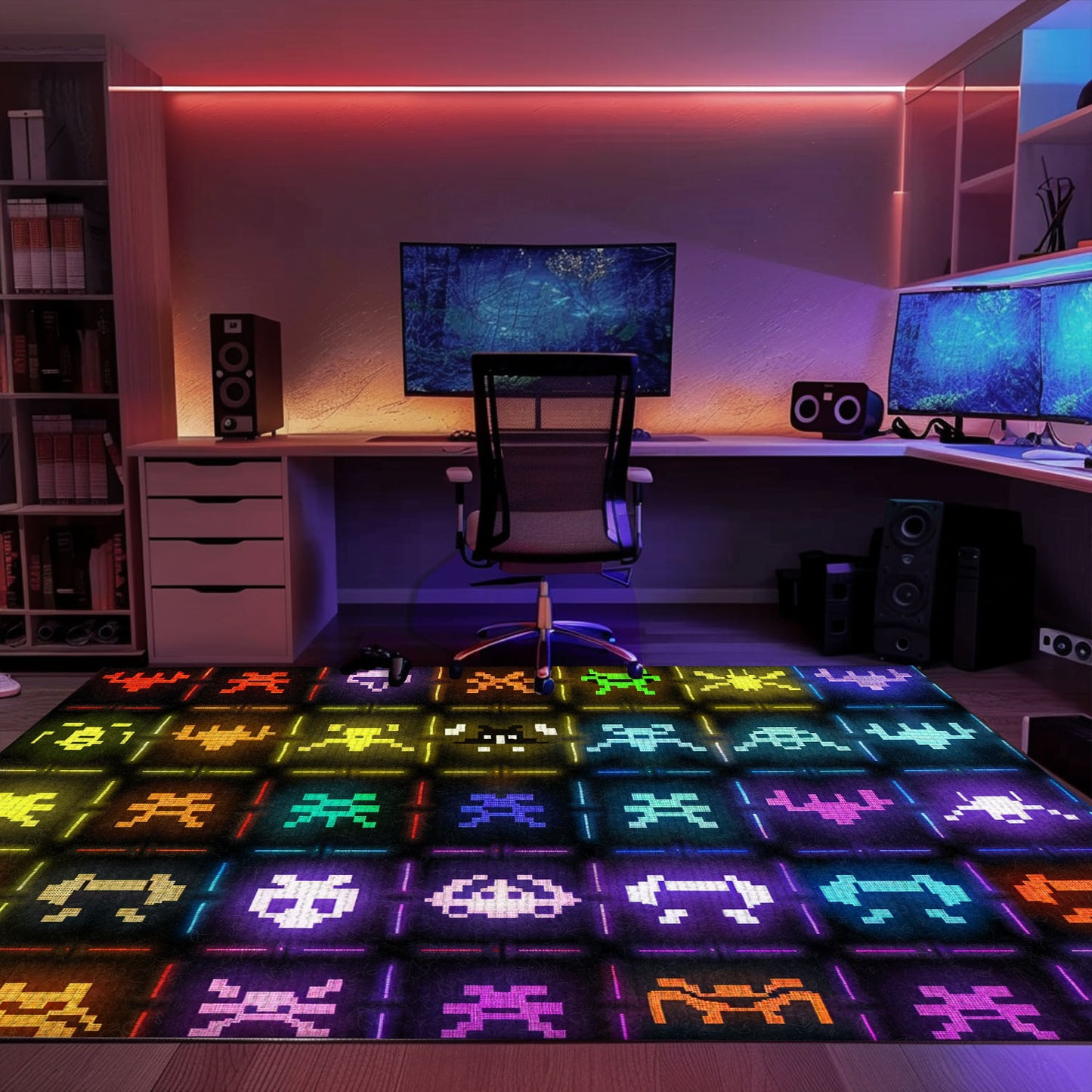 Dark and Neon 80s Arcade Carpet featuring Space Invaders: Perfect for Adding a Touch of Gaming to Your Decor, Arcade Decor, Gift for Gamers, Video Game Lovers G150