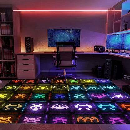Dark and Neon 80s Arcade Carpet featuring Space Invaders: Perfect for Adding a Touch of Gaming to Your Decor, Arcade Decor, Gift for Gamers, Video Game Lovers G150