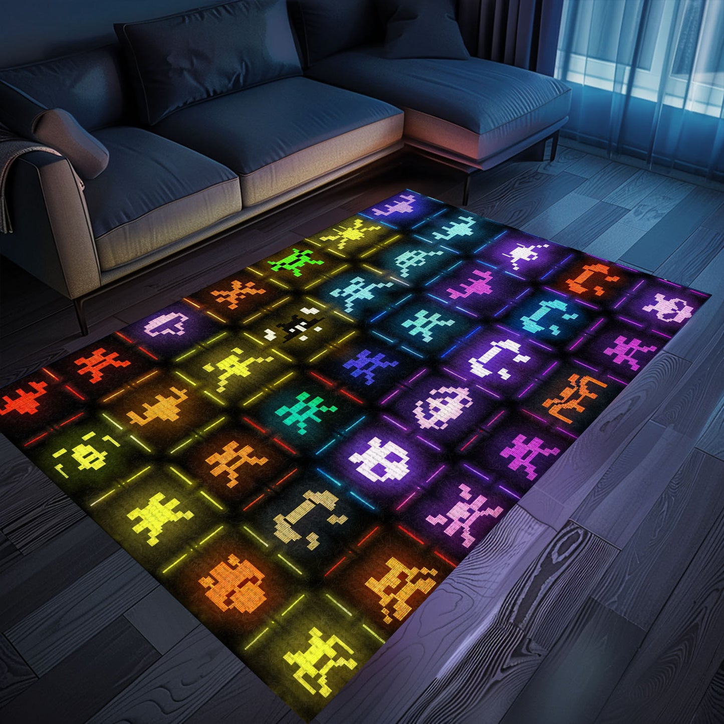 Dark and Neon 80s Arcade Carpet featuring Space Invaders: Perfect for Adding a Touch of Gaming to Your Decor, Arcade Decor, Gift for Gamers, Video Game Lovers G150