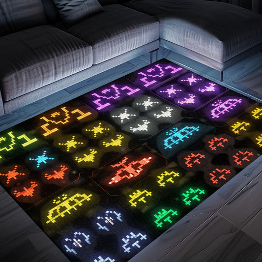 Dark and Neon 80s Arcade Carpet featuring Space Invaders: Create a Gaming Haven in Your Bedroom or Living Room, Arcade Decor, Gift for Gamers, Video Game Lovers G149