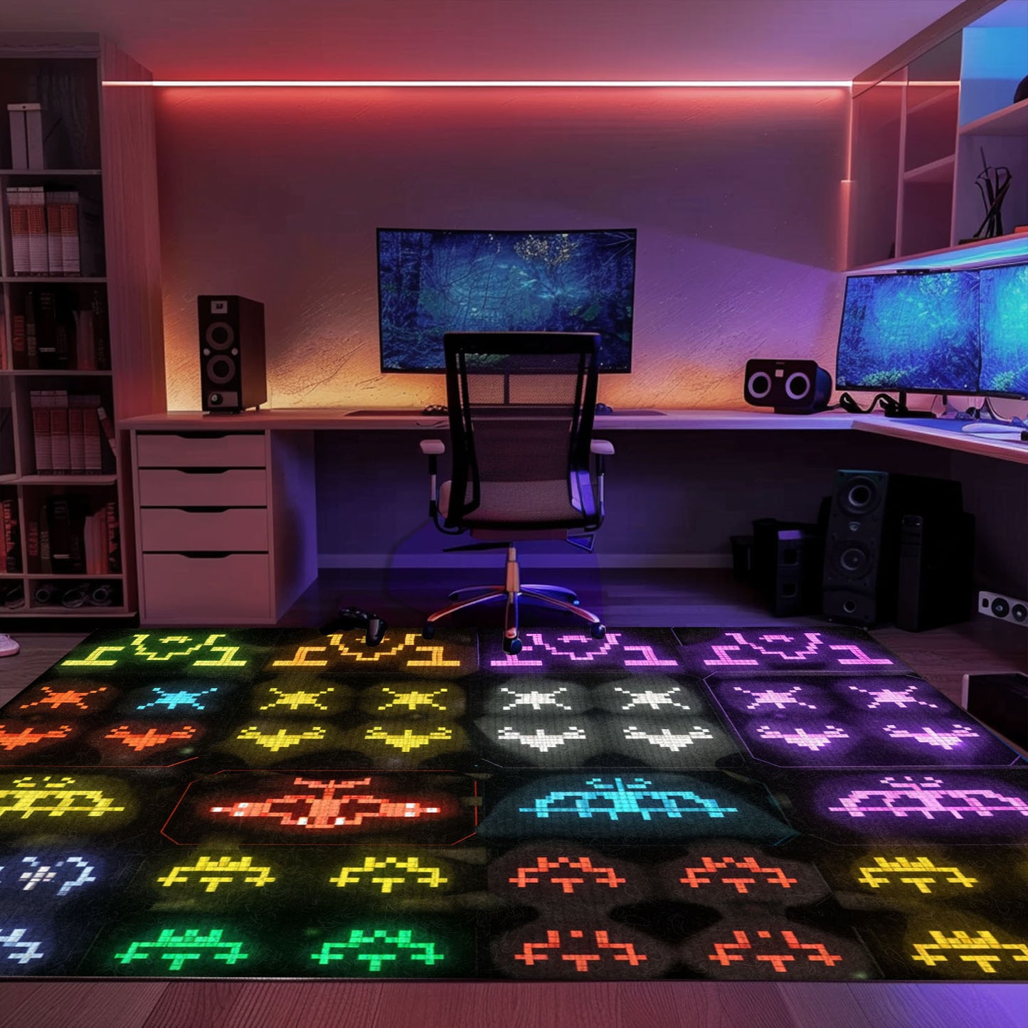 Dark and Neon 80s Arcade Carpet featuring Space Invaders: Create a Gaming Haven in Your Bedroom or Living Room, Arcade Decor, Gift for Gamers, Video Game Lovers G149
