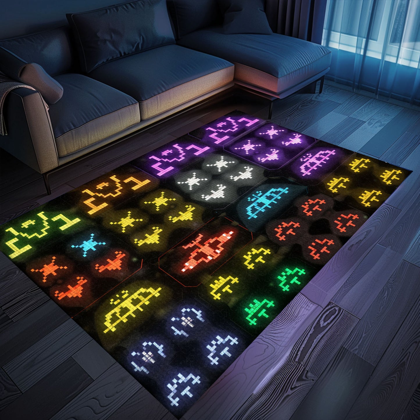 Dark and Neon 80s Arcade Carpet featuring Space Invaders: Create a Gaming Haven in Your Bedroom or Living Room, Arcade Decor, Gift for Gamers, Video Game Lovers G149