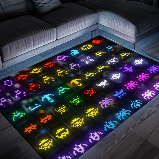 Retro Dark and Neon 80s Arcade Carpet adorned with Space Invaders: Great Gift for Retro Gaming Fans, Arcade Decor, Gift for Gamers, Video Game Lovers G148