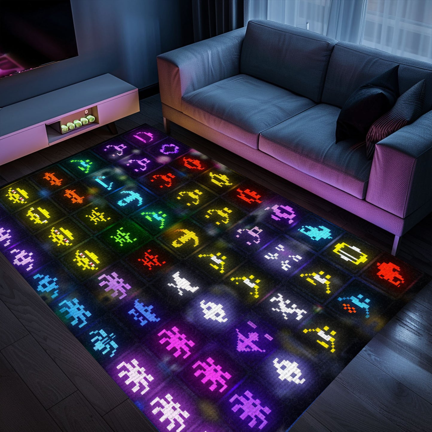 Retro Dark and Neon 80s Arcade Carpet adorned with Space Invaders: Great Gift for Retro Gaming Fans, Arcade Decor, Gift for Gamers, Video Game Lovers G148