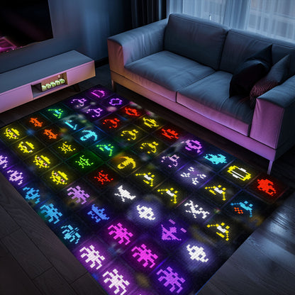 Retro Dark and Neon 80s Arcade Carpet adorned with Space Invaders: Great Gift for Retro Gaming Fans, Arcade Decor, Gift for Gamers, Video Game Lovers G148