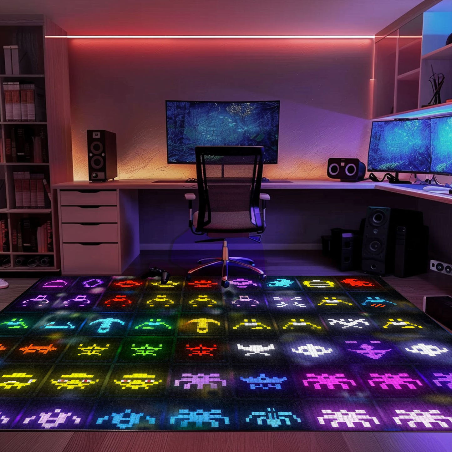 Retro Dark and Neon 80s Arcade Carpet adorned with Space Invaders: Great Gift for Retro Gaming Fans, Arcade Decor, Gift for Gamers, Video Game Lovers G148