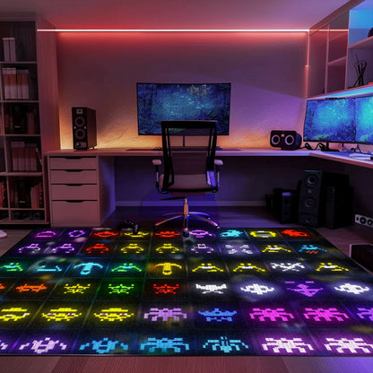 Retro Dark and Neon 80s Arcade Carpet adorned with Space Invaders: Great Gift for Retro Gaming Fans, Arcade Decor, Gift for Gamers, Video Game Lovers G148