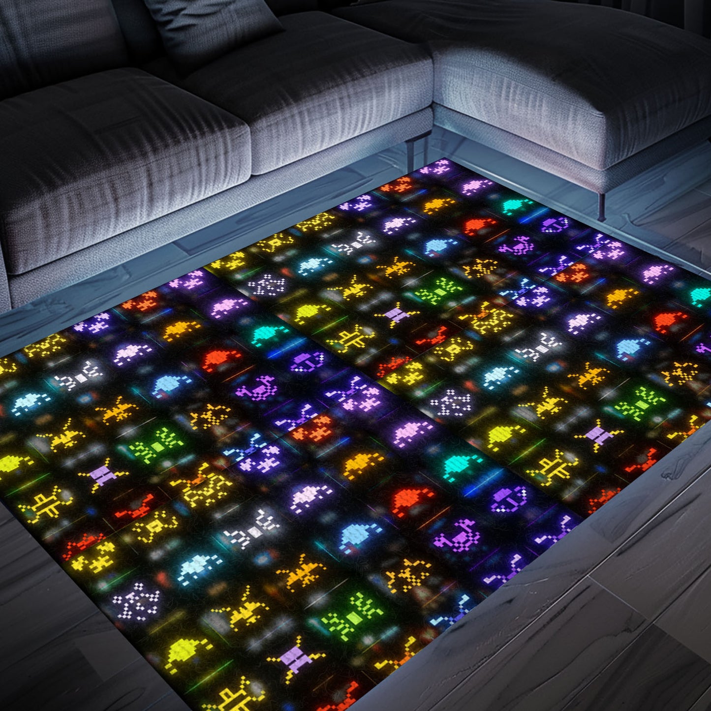 Funky Dark and Neon 80s Arcade Carpet with Space Invaders: Ideal Decor for Video Game Enthusiasts, Arcade Decor, Gift for Gamers, Video Game Lovers G146