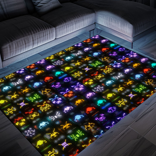 Funky Dark and Neon 80s Arcade Carpet with Space Invaders: Ideal Decor for Video Game Enthusiasts, Arcade Decor, Gift for Gamers, Video Game Lovers G146