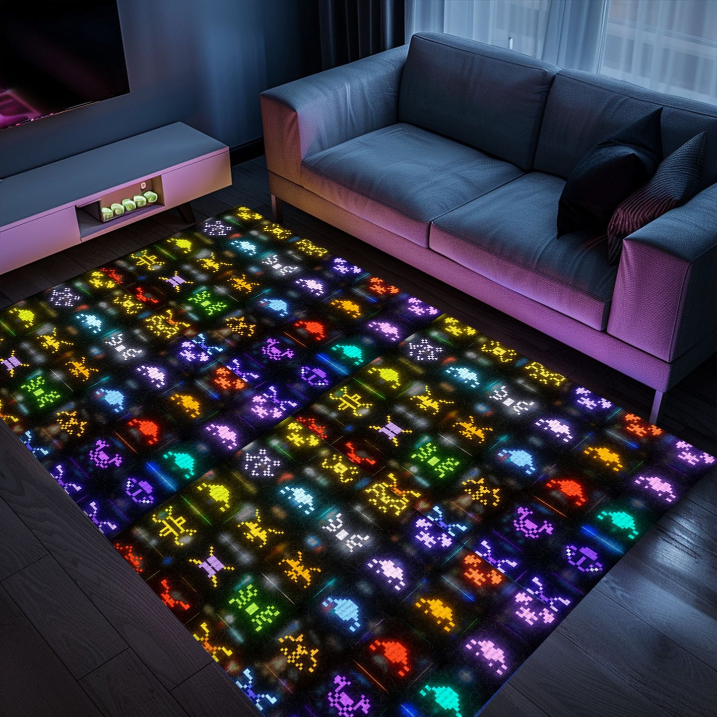 Funky Dark and Neon 80s Arcade Carpet with Space Invaders: Ideal Decor for Video Game Enthusiasts, Arcade Decor, Gift for Gamers, Video Game Lovers G146