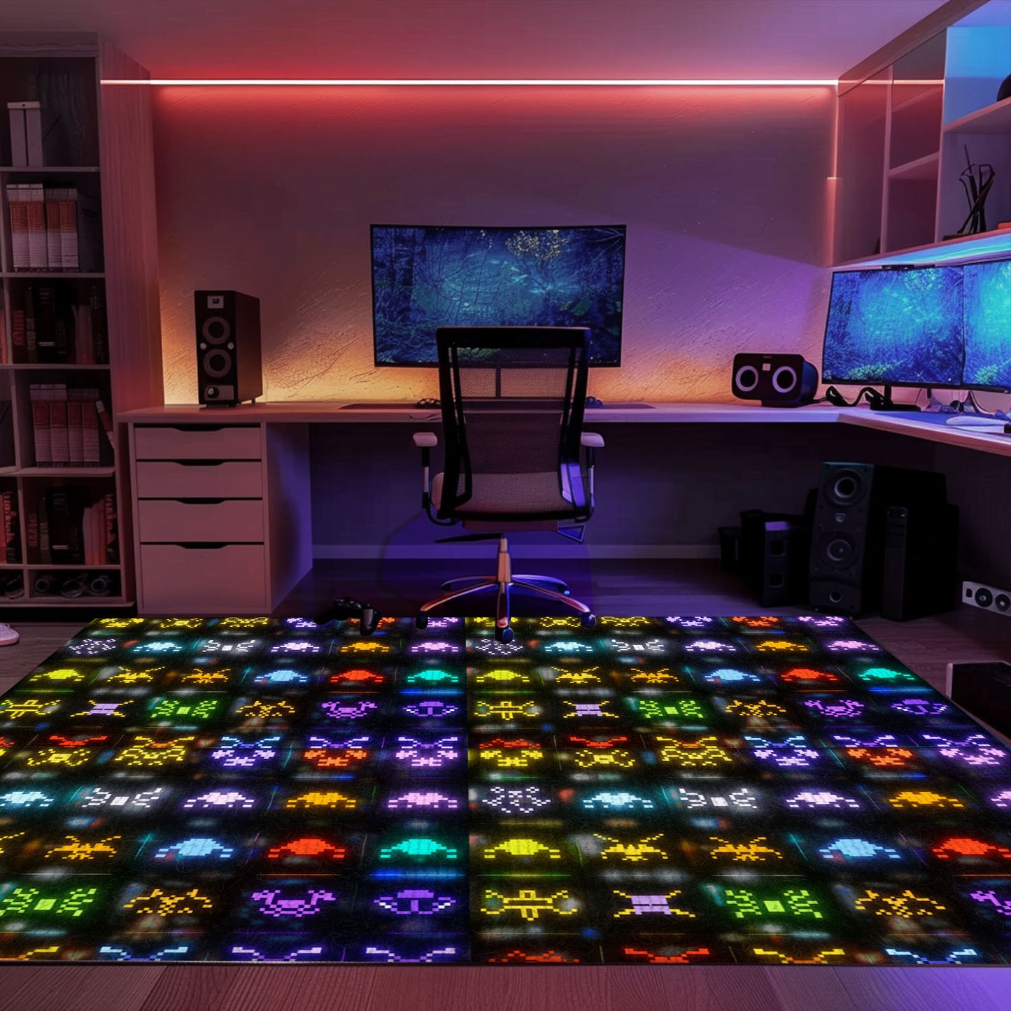 Funky Dark and Neon 80s Arcade Carpet with Space Invaders: Ideal Decor for Video Game Enthusiasts, Arcade Decor, Gift for Gamers, Video Game Lovers G146
