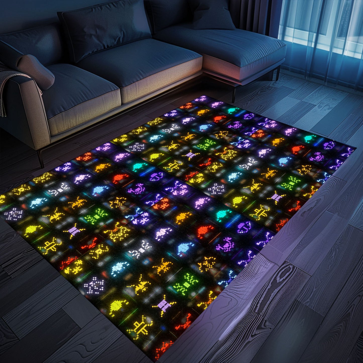 Funky Dark and Neon 80s Arcade Carpet with Space Invaders: Ideal Decor for Video Game Enthusiasts, Arcade Decor, Gift for Gamers, Video Game Lovers G146