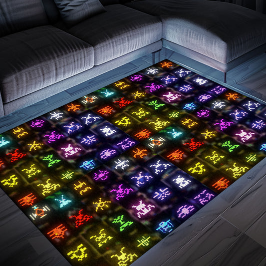 Unique Dark and Neon 80s Arcade Carpet with Space Invaders: Perfect Addition to Your Gaming Setup, Arcade Decor, Gift for Gamers, Video Game Lovers G145