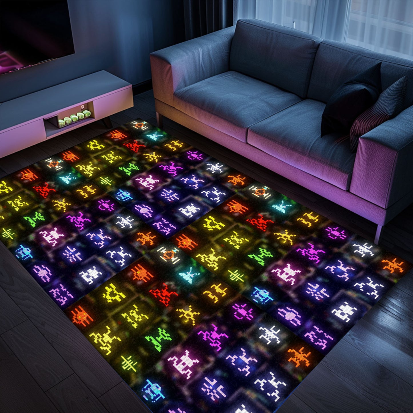 Unique Dark and Neon 80s Arcade Carpet with Space Invaders: Perfect Addition to Your Gaming Setup, Arcade Decor, Gift for Gamers, Video Game Lovers G145