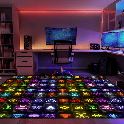 Unique Dark and Neon 80s Arcade Carpet with Space Invaders: Perfect Addition to Your Gaming Setup, Arcade Decor, Gift for Gamers, Video Game Lovers G145