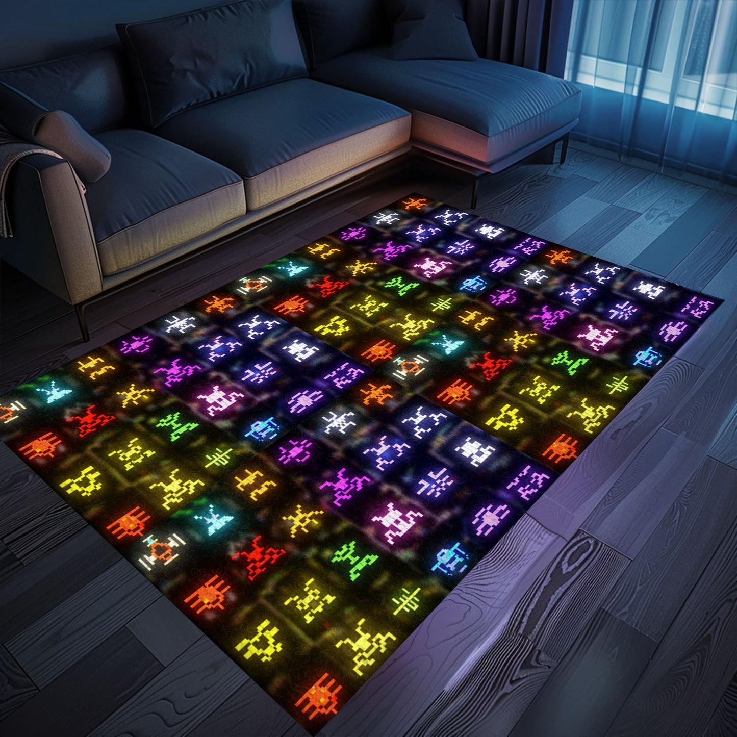 Unique Dark and Neon 80s Arcade Carpet with Space Invaders: Perfect Addition to Your Gaming Setup, Arcade Decor, Gift for Gamers, Video Game Lovers G145