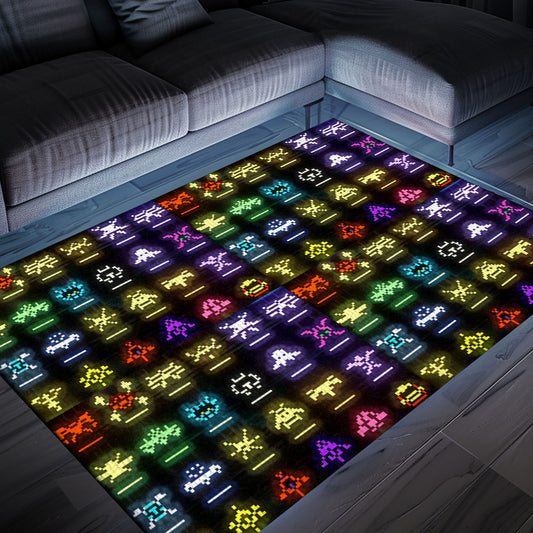 Eye-Catching Dark and Neon 80s Arcade Carpet featuring Space Invaders: Add Arcade Vibes to Your Home Decor, Arcade Decor, Gift for Gamers, Video Game Lovers G144
