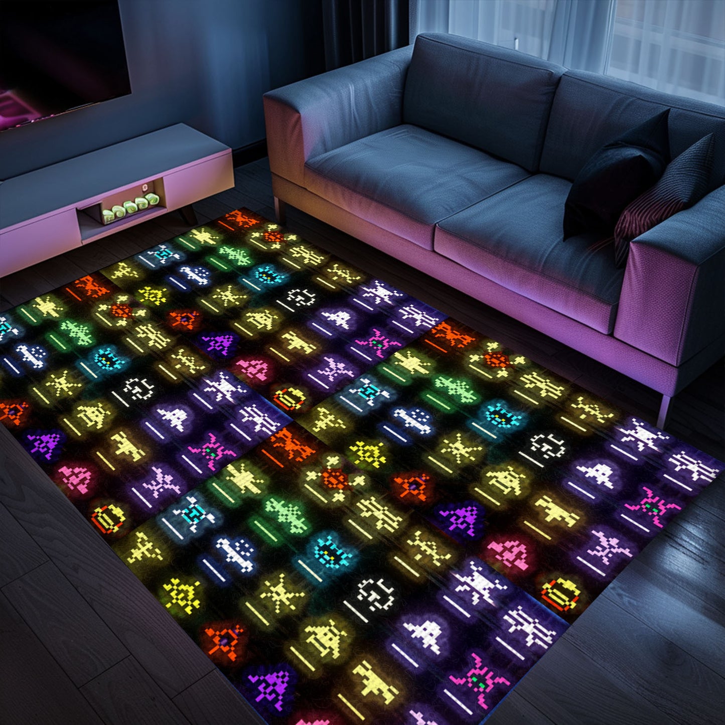 Eye-Catching Dark and Neon 80s Arcade Carpet featuring Space Invaders: Add Arcade Vibes to Your Home Decor, Arcade Decor, Gift for Gamers, Video Game Lovers G144