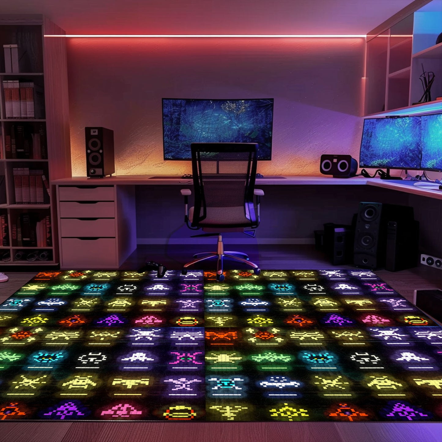 Eye-Catching Dark and Neon 80s Arcade Carpet featuring Space Invaders: Add Arcade Vibes to Your Home Decor, Arcade Decor, Gift for Gamers, Video Game Lovers G144