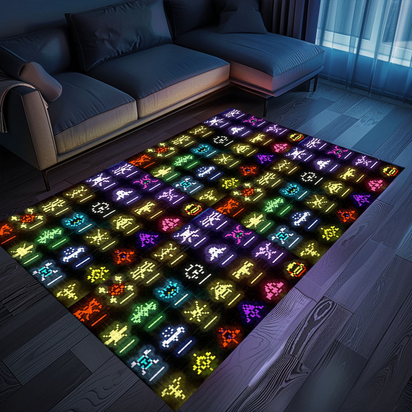 Eye-Catching Dark and Neon 80s Arcade Carpet featuring Space Invaders: Add Arcade Vibes to Your Home Decor, Arcade Decor, Gift for Gamers, Video Game Lovers G144