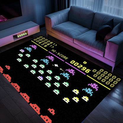 Stylish Dark and Neon 80s Arcade Carpet adorned with Space Invaders: Transform Your Living Space with Retro Charm, Arcade Decor, Gift for Gamers, Video Game Lovers G143