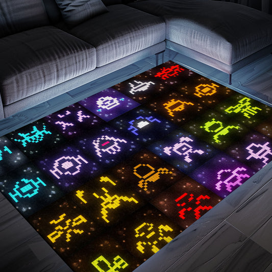 Vibrant Dark and Neon 80s Arcade Carpet with Space Invaders: Ideal Gift for Gamers and Arcade Enthusiasts, Arcade Decor, Gift for Gamers, Video Game Lovers G142