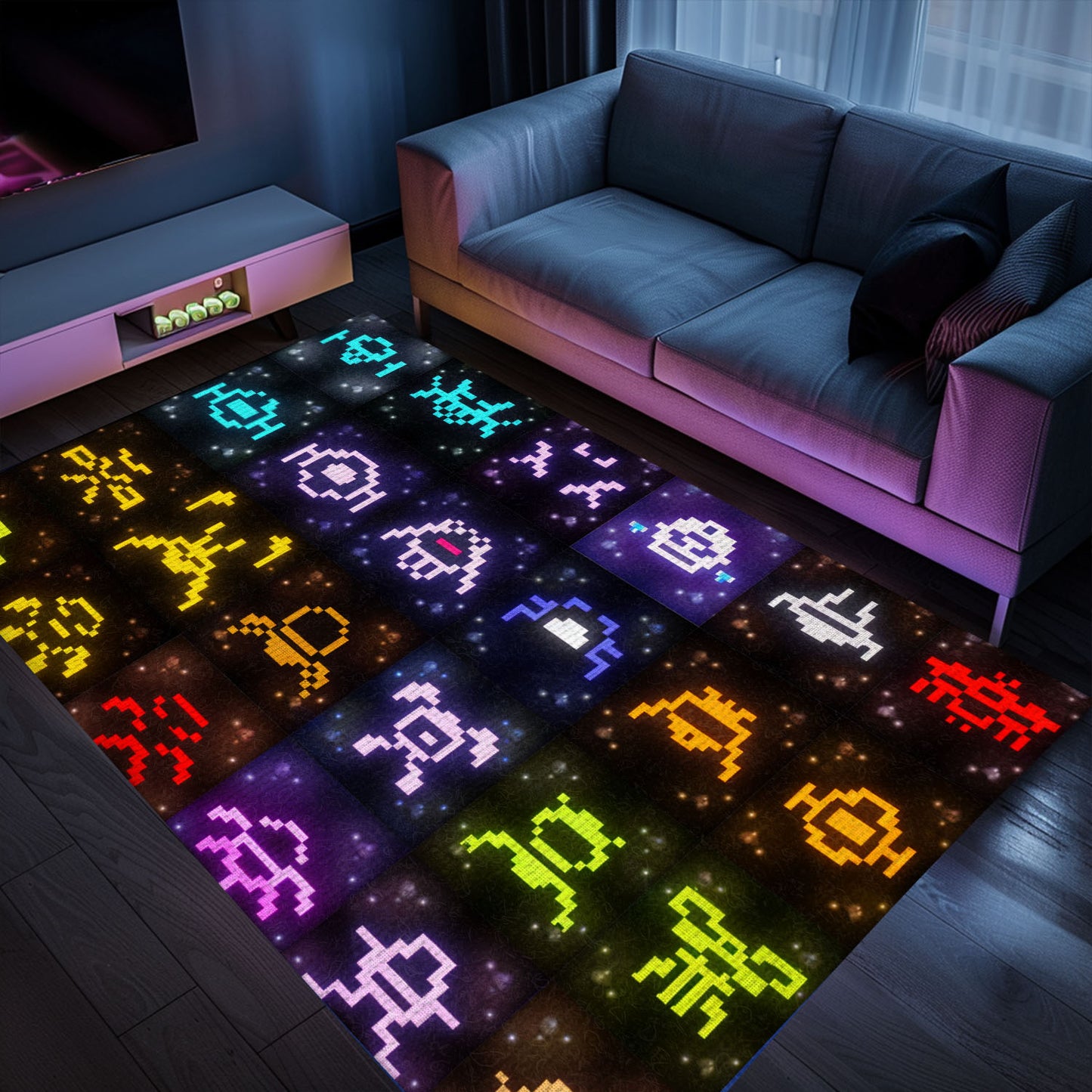 Vibrant Dark and Neon 80s Arcade Carpet with Space Invaders: Ideal Gift for Gamers and Arcade Enthusiasts, Arcade Decor, Gift for Gamers, Video Game Lovers G142