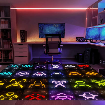 Vibrant Dark and Neon 80s Arcade Carpet with Space Invaders: Ideal Gift for Gamers and Arcade Enthusiasts, Arcade Decor, Gift for Gamers, Video Game Lovers G142