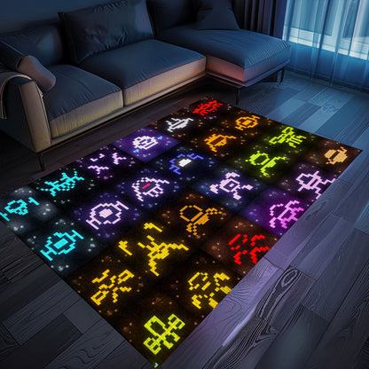 Vibrant Dark and Neon 80s Arcade Carpet with Space Invaders: Ideal Gift for Gamers and Arcade Enthusiasts, Arcade Decor, Gift for Gamers, Video Game Lovers G142