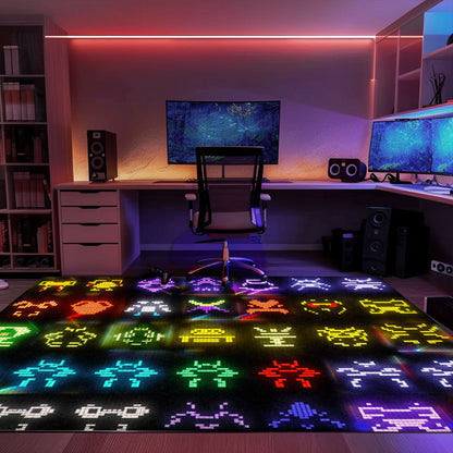 Dark and Neon 80s Arcade Carpet featuring Space Invaders: Perfect Retro Decor for Living Room and Bedroom, Arcade Decor, Gift for Gamers, Video Game Lovers G141