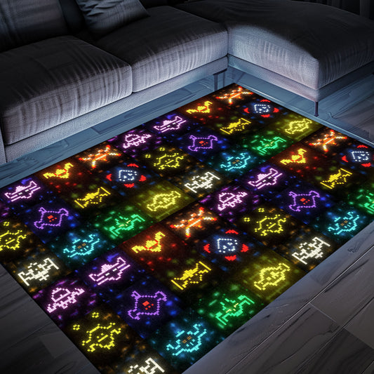 Dark and Neon 80s Arcade Carpet with Space Invaders: Perfect for Creating an Arcade-Inspired Living Space, Arcade Decor, Gift for Gamers, Video Game Lovers G140