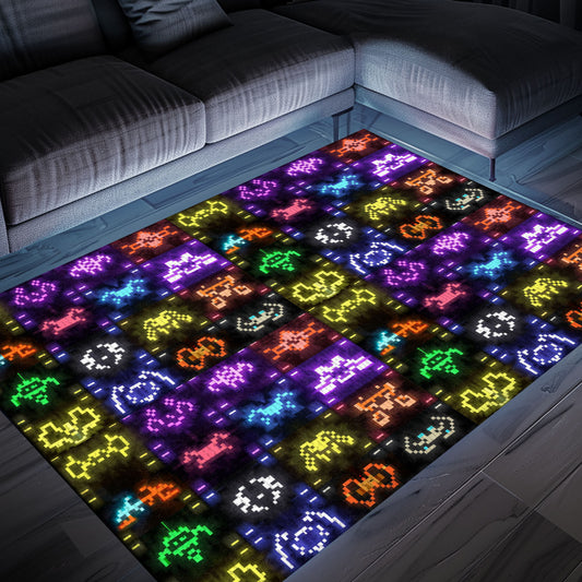 Dark and Neon 80s Arcade Carpet with Space Invaders: Elevate Your Gaming Experience with Retro Style, Arcade Decor, Gift for Gamers, Video Game Lovers G139
