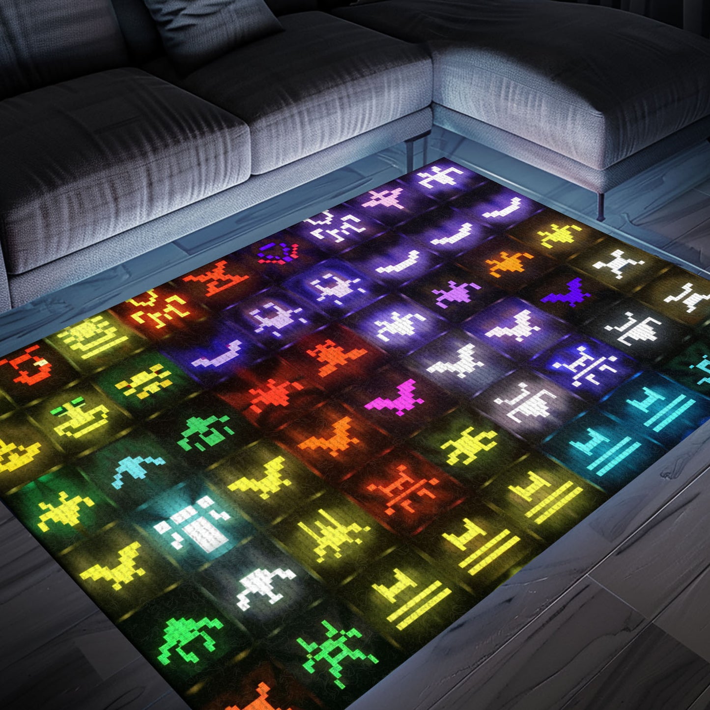 Dark and Neon 80s Arcade Carpet with Space Invaders: Enhance Your Home with Arcade Charm, Arcade Decor, Gift for Gamers, Video Game Lovers G135
