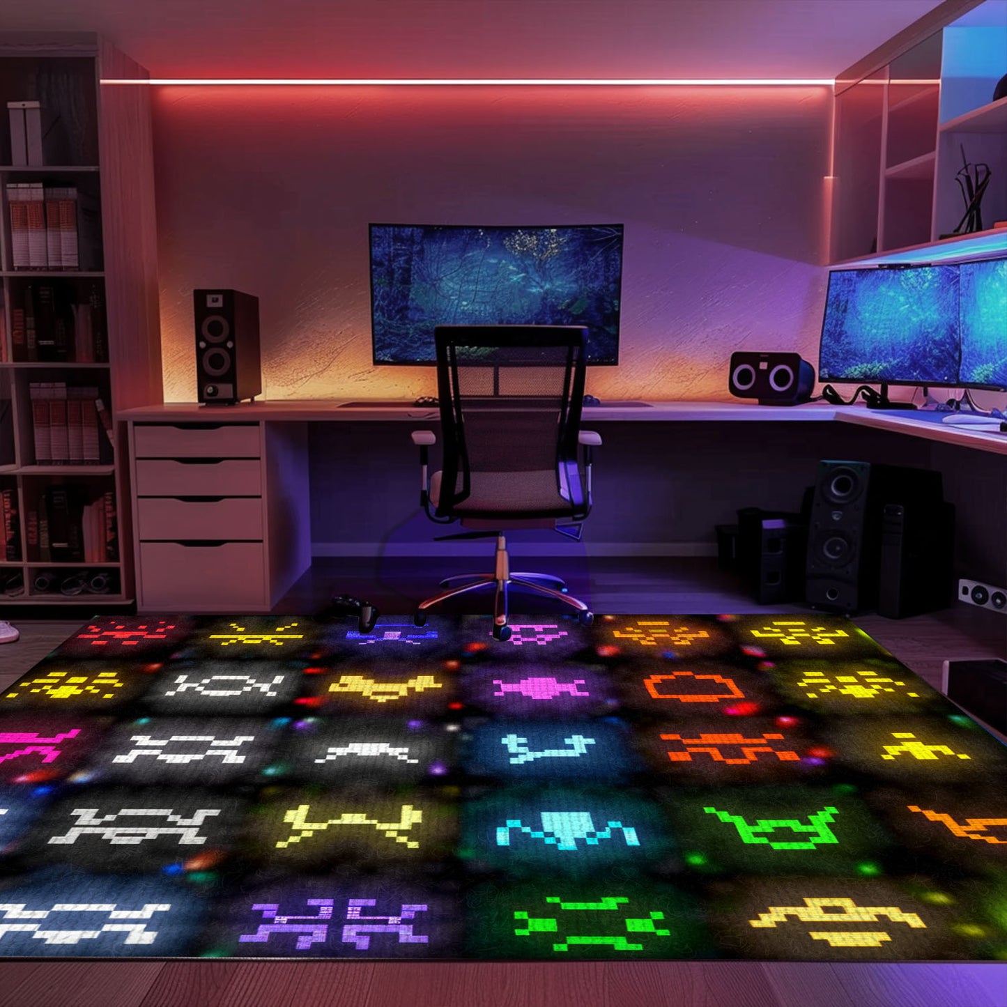 Dark and Neon 80s Arcade Carpet with Space Invaders: Perfect for Creating a Gaming-Focused Atmosphere, Arcade Decor, Gift for Gamers, Video Game Lovers G134