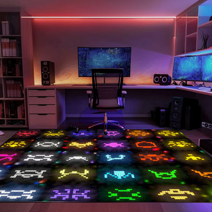 Dark and Neon 80s Arcade Carpet with Space Invaders: Perfect for Creating a Gaming-Focused Atmosphere, Arcade Decor, Gift for Gamers, Video Game Lovers G134