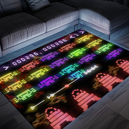 Dark and Neon 80s Arcade Carpet with Space Invaders: Bring the Arcade Experience Home with Style, Arcade Decor, Gift for Gamers, Video Game Lovers G131