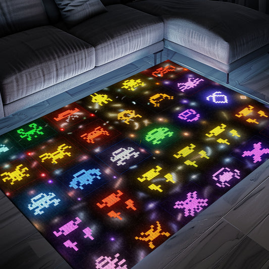 Dark and Neon 80s Arcade Carpet with Space Invaders: Perfect for Adding a Touch of Gaming to Your Decor, Arcade Decor, Gift for Gamers, Video Game Lovers G130