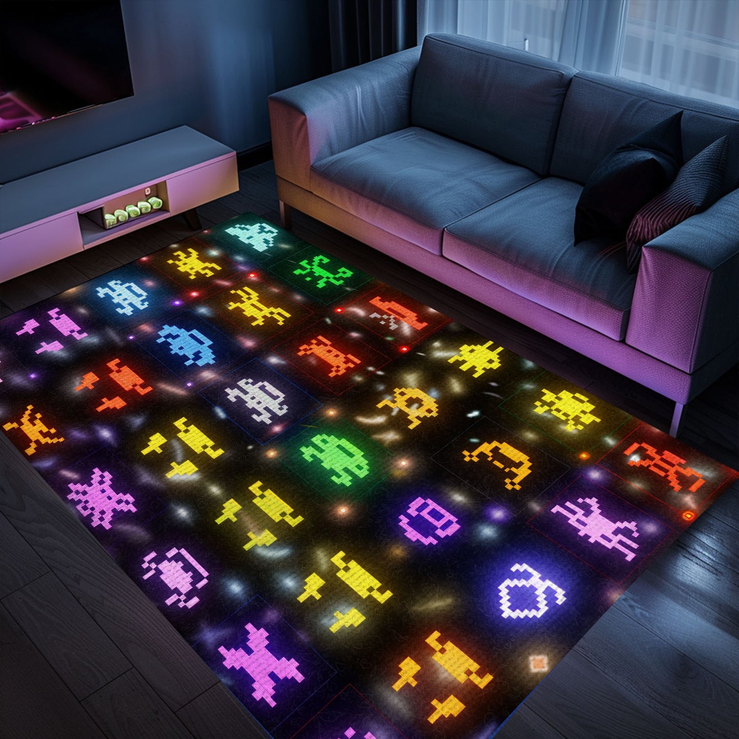 Dark and Neon 80s Arcade Carpet with Space Invaders: Perfect for Adding a Touch of Gaming to Your Decor, Arcade Decor, Gift for Gamers, Video Game Lovers G130