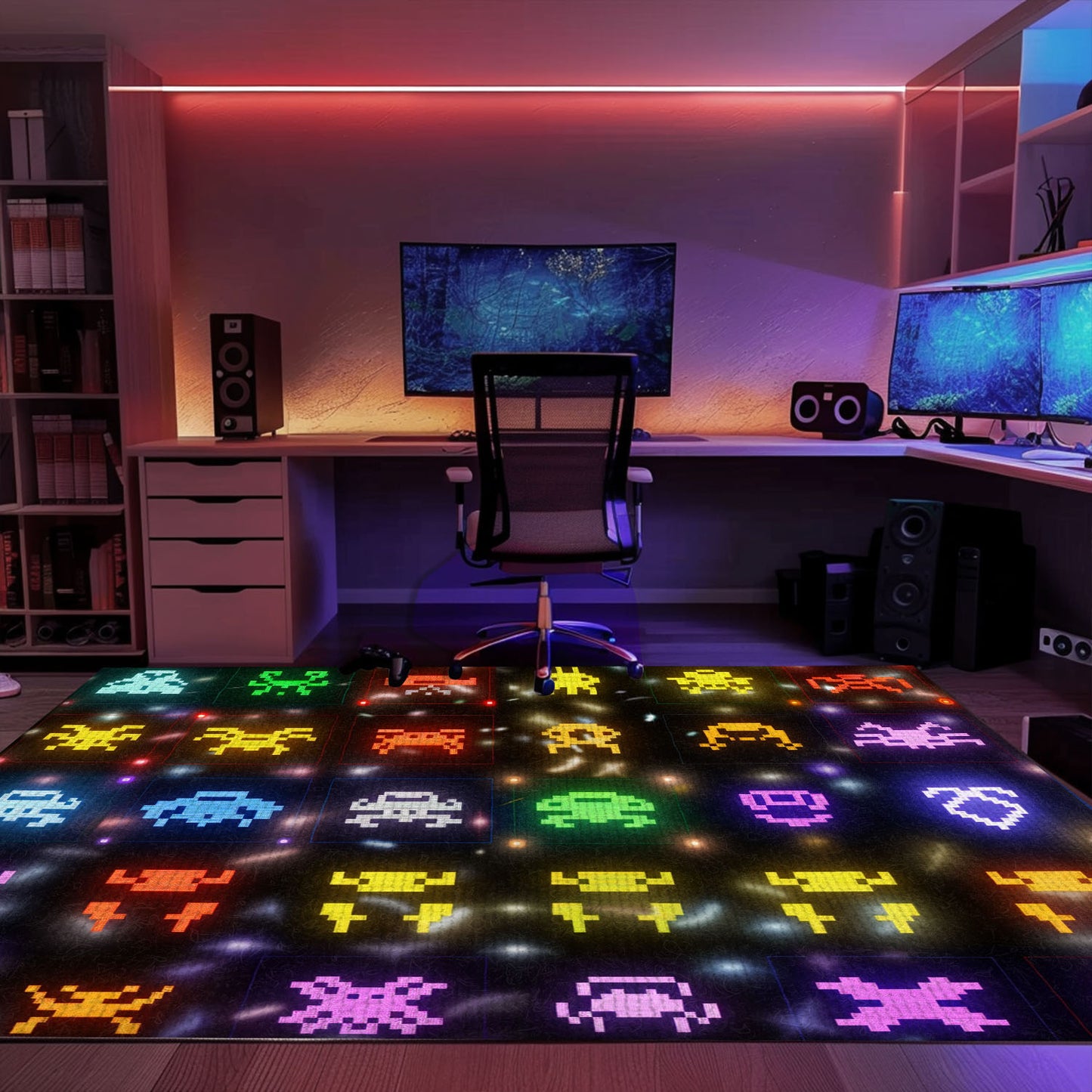Dark and Neon 80s Arcade Carpet with Space Invaders: Perfect for Adding a Touch of Gaming to Your Decor, Arcade Decor, Gift for Gamers, Video Game Lovers G130