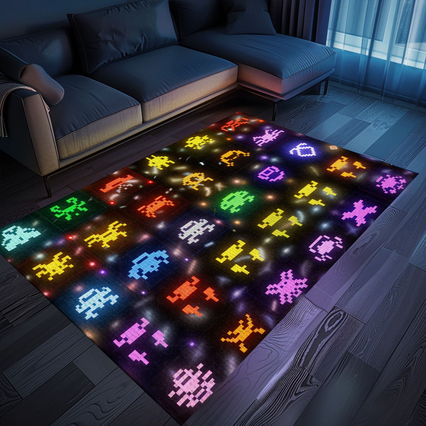 Dark and Neon 80s Arcade Carpet with Space Invaders: Perfect for Adding a Touch of Gaming to Your Decor, Arcade Decor, Gift for Gamers, Video Game Lovers G130