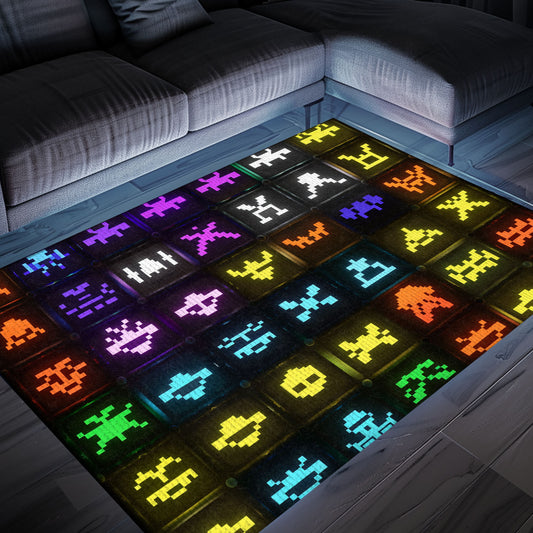 Dark and Neon 80s Arcade Carpet with Space Invaders: Create a Gaming Haven in Your Bedroom or Living Room, Arcade Decor, Gift for Gamers, Video Game Lovers G129